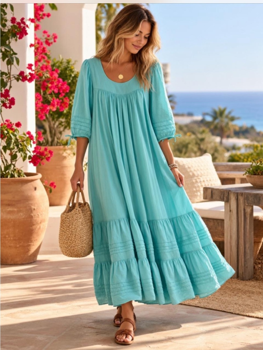 Vintage Two Potato Laguna Beach Turquoise Tiered Maxi Dress Made in USA